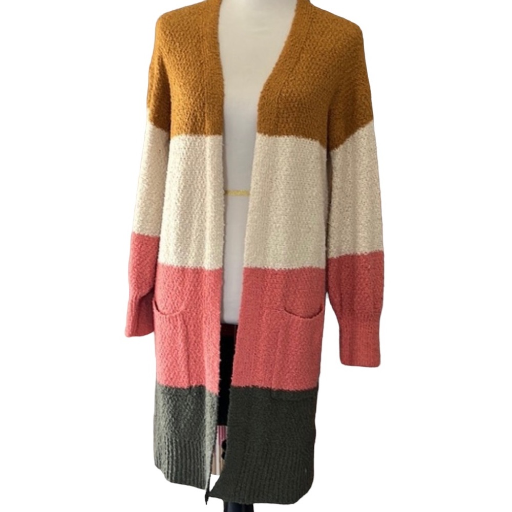 SO Colorblock Cardigan Gold Pink Cream Gray Sweater M